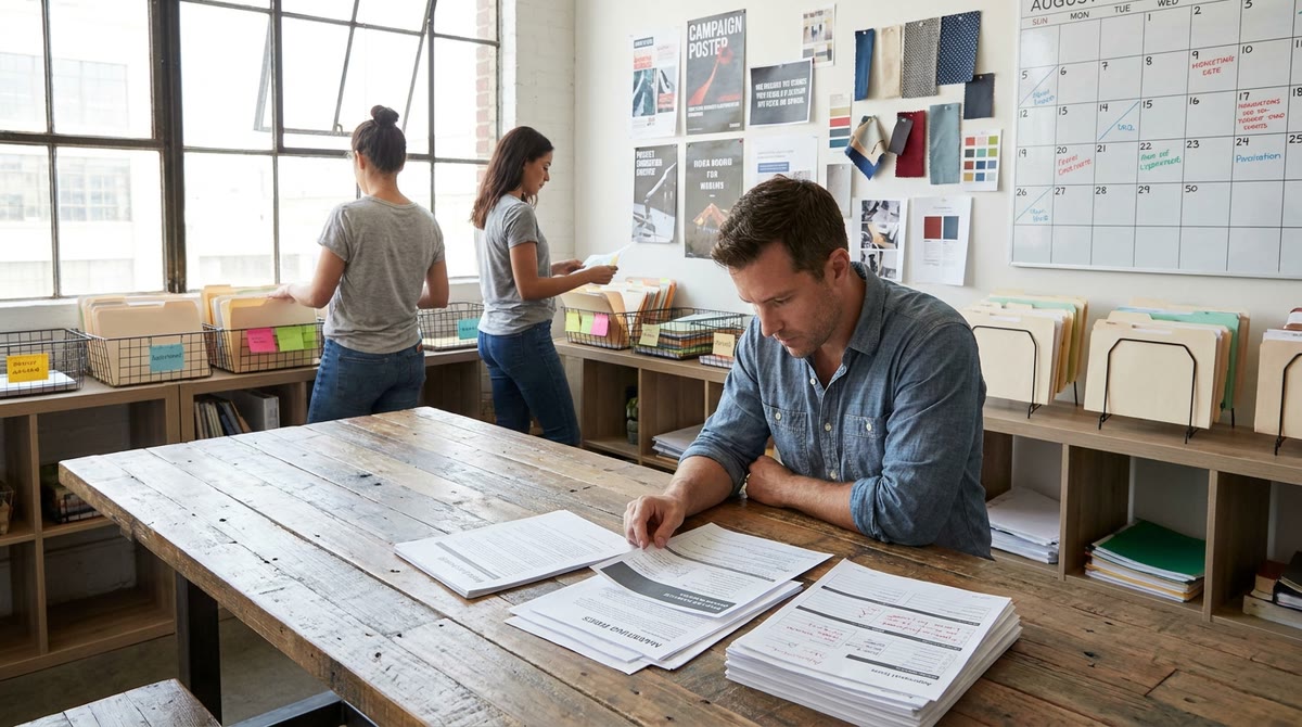 Một nhóm marketing rà soát brief in, biểu mẫu duyệt và các folder giấy trong phòng họp
