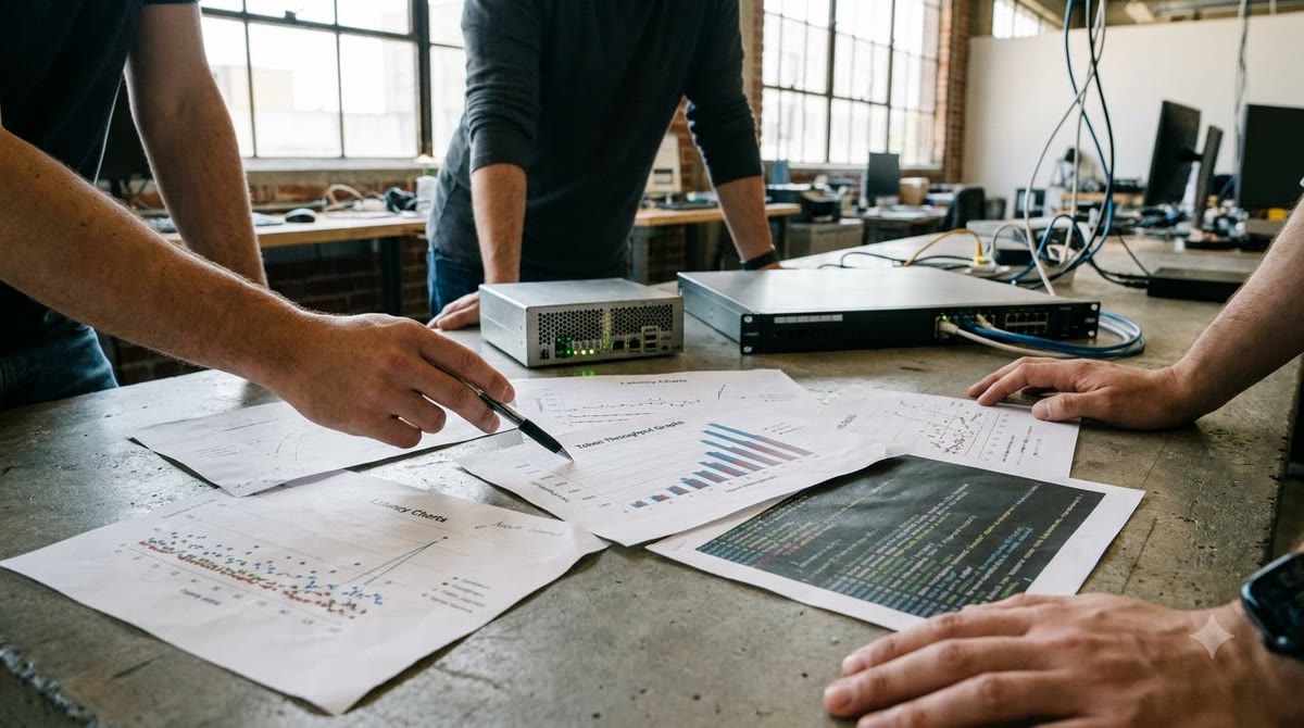 Research team reviewing latency and serving throughput charts at a desk