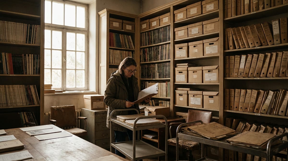 Content archive with paper files, document boxes, and a checklist board