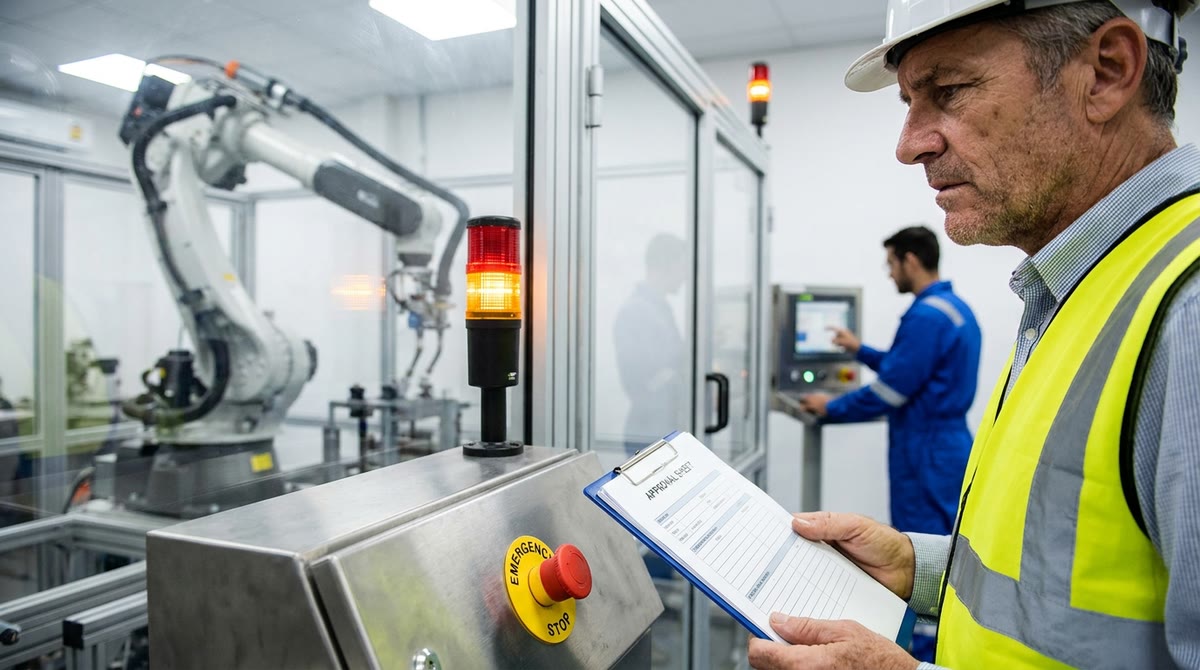 Nút dừng khẩn cấp và bảng duyệt được kiểm tra trước khi tiếp tục tác vụ tự động