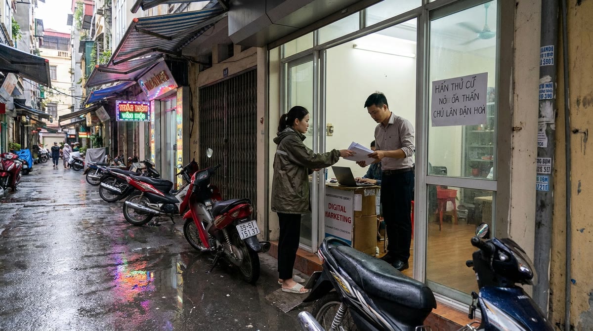 Mặt tiền agency ở Hà Nội, xe máy đỗ ngoài và giấy duyệt nội dung được trao tay