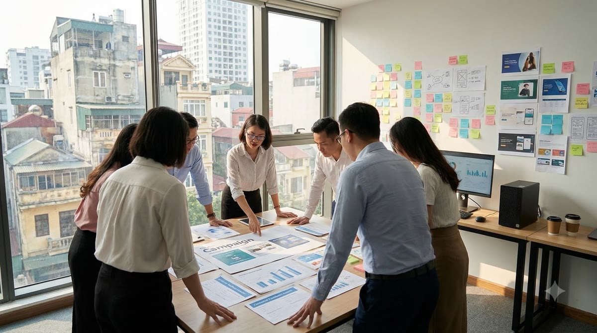 Vietnamese marketing team reviewing customer feedback and campaign drafts in a meeting room