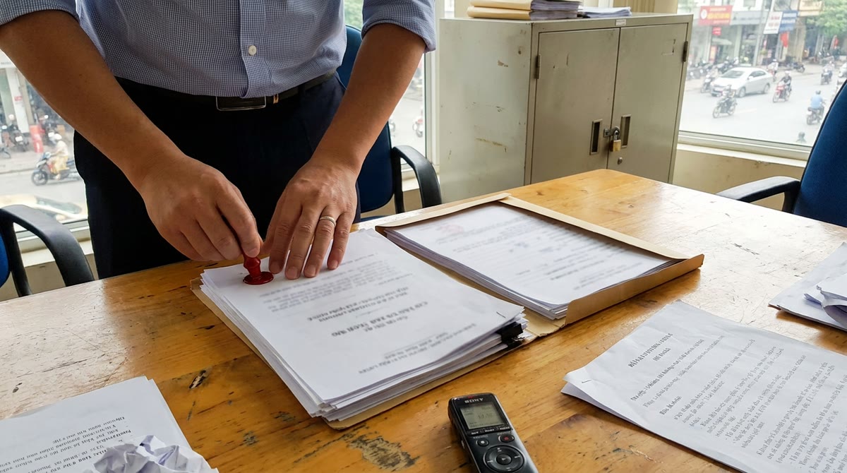 Hồ sơ khách hàng đã ẩn thông tin, tủ khóa và bản brief tiếng Việt trên bàn làm việc