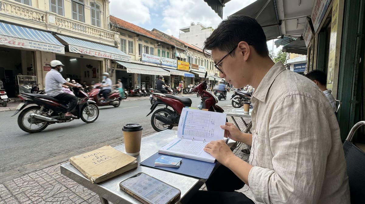 Marketer tại quán cà phê vỉa hè ở Việt Nam xem lịch nội dung và thẻ khách hàng