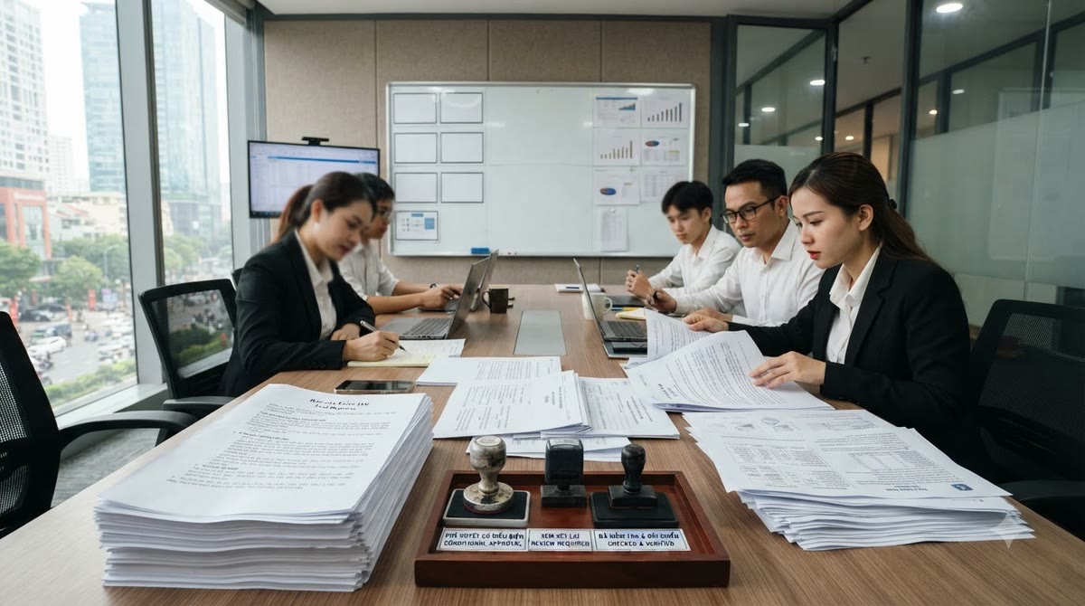 Bàn rà soát đầu ra với bản in thử nghiệm, mẫu tiếng Việt và dấu duyệt