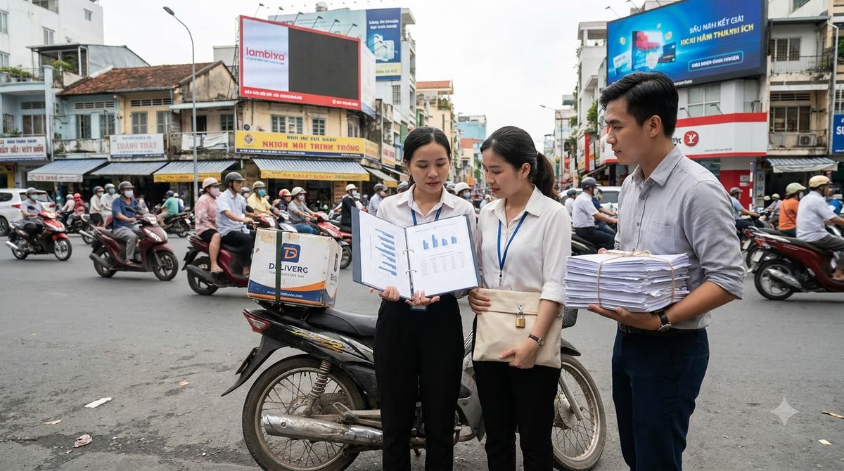 A group of marketers standing by a motorbike holding reports, invoices, and document bags in the street
