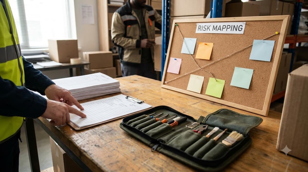 Employee reviewing notebooks, tools, and a risk-marking board