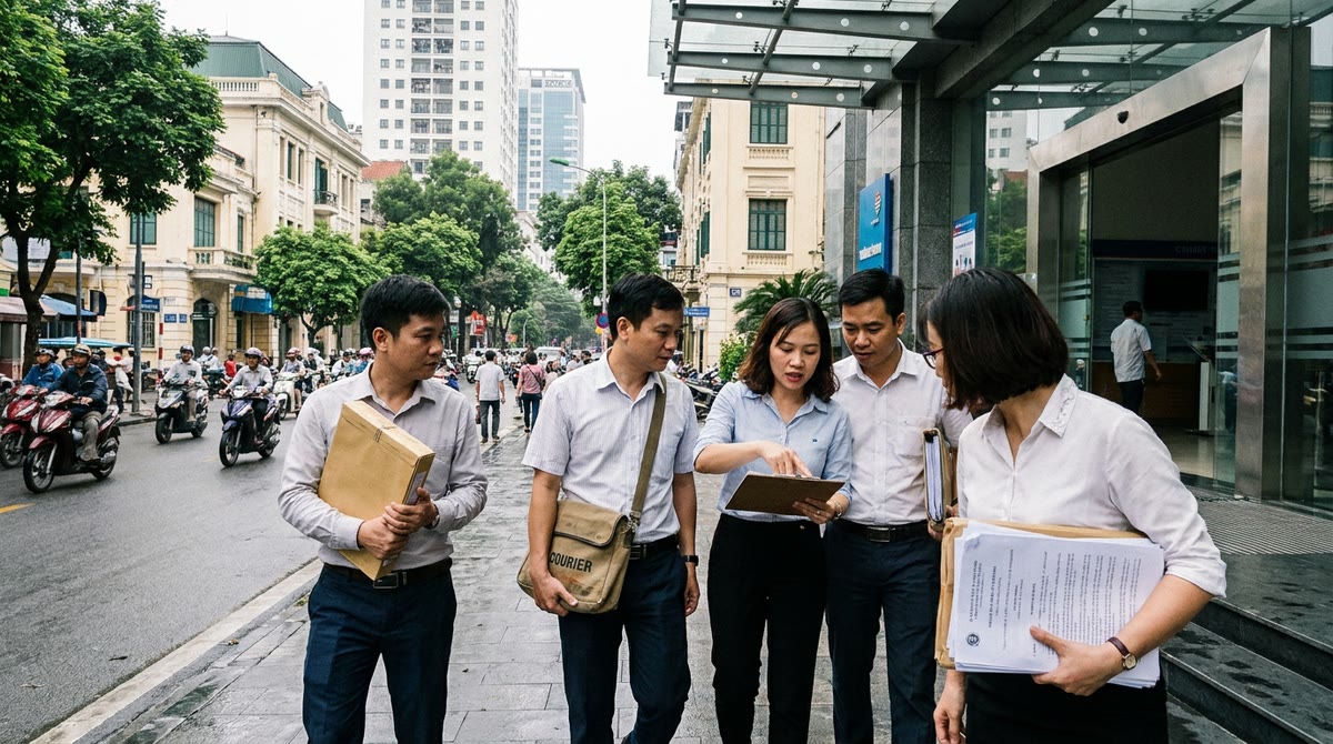 Nhóm marketing đi qua phố Hà Nội với hồ sơ kiểm tra nhà cung cấp