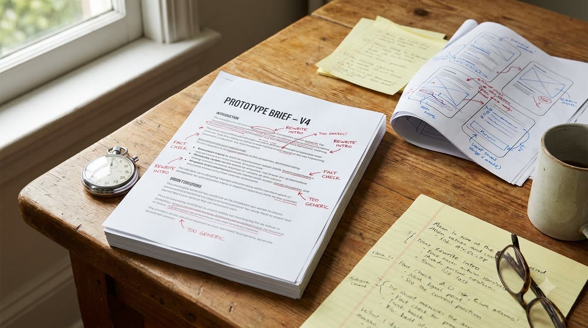Bản brief in đậm vết bút đỏ, đồng hồ bấm giờ và giấy ghi chú sửa đổi