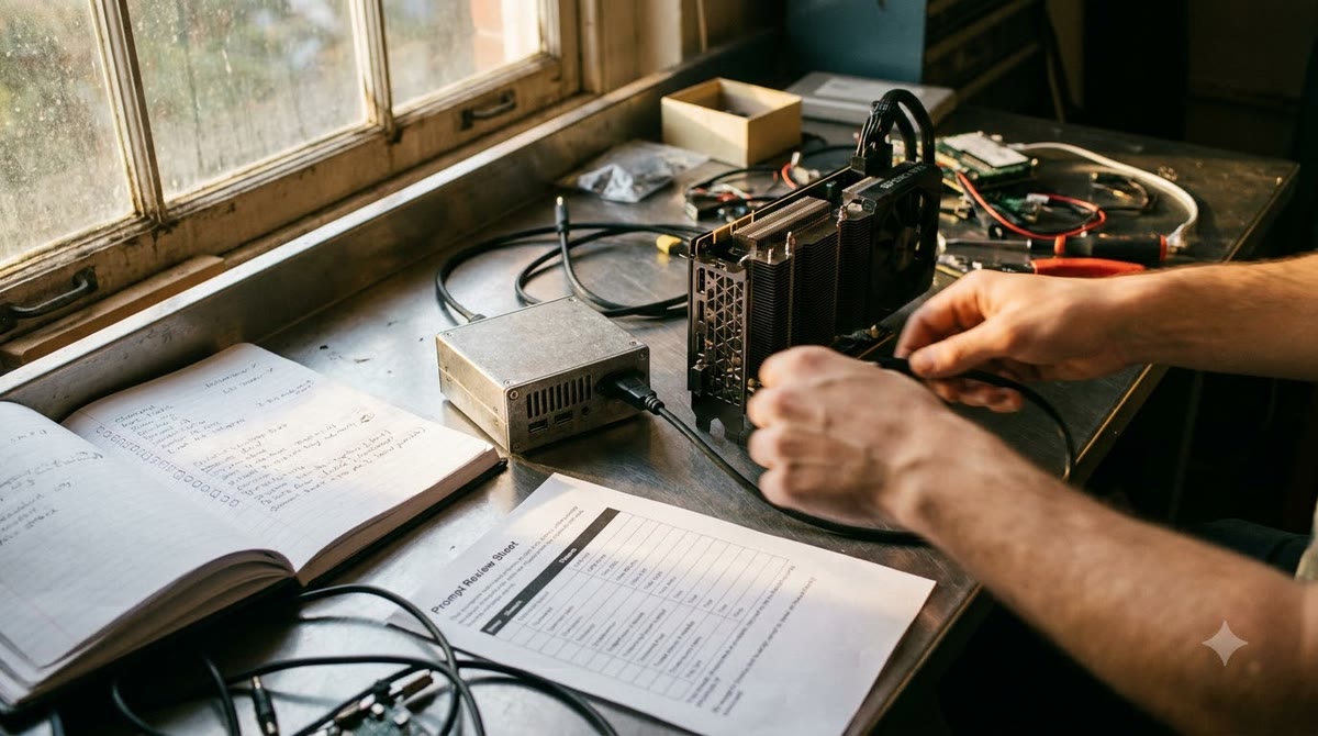 Test bench with mainstream GPUs, inference devices, and a checklist