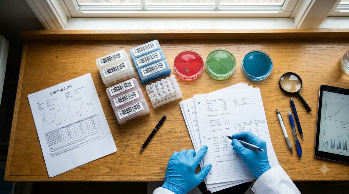Laboratory table with test reports, petri dishes, and a hand pointing to noted results