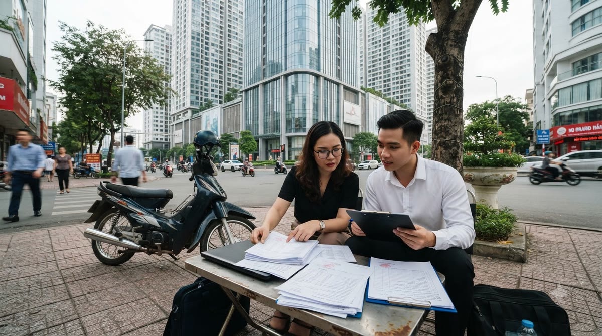 Nhóm làm việc ngoài văn phòng xem hóa đơn, phiếu thử nghiệm và bảng ghi chú