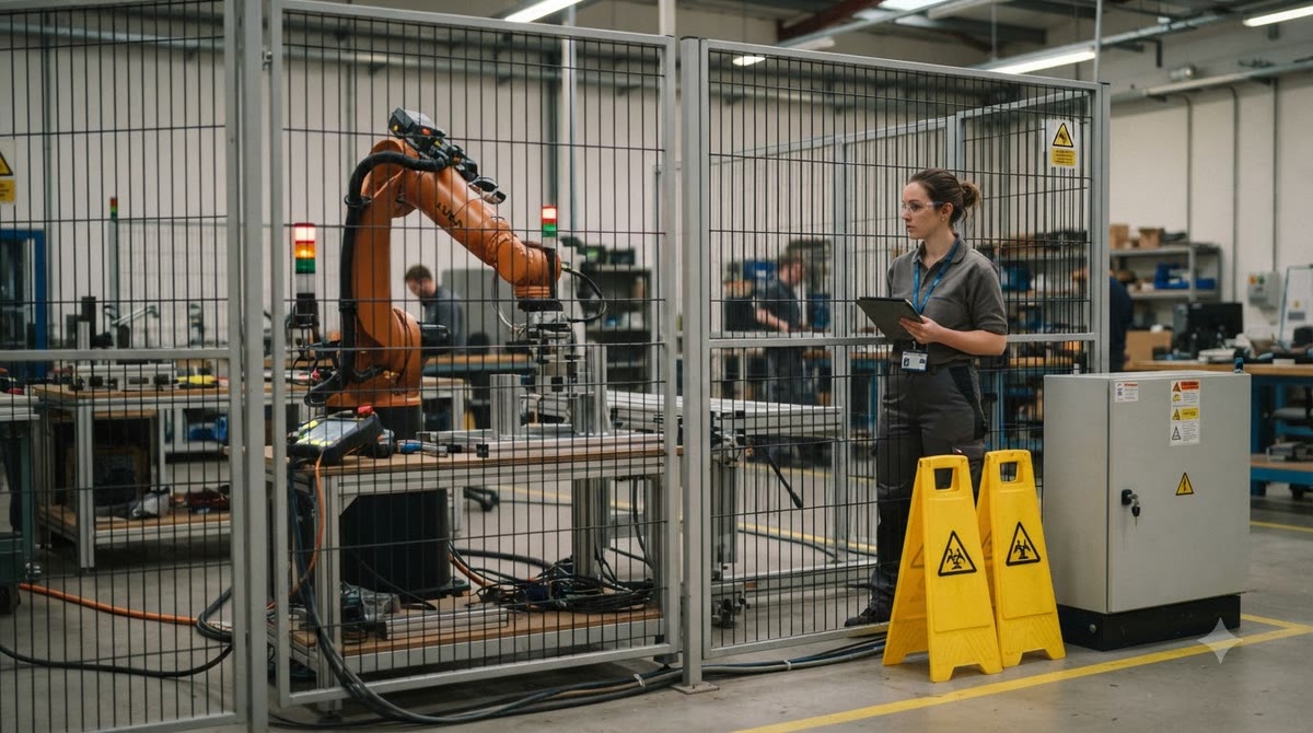 Cánh tay robot dừng sau hàng rào an toàn cạnh tủ điều khiển bị khóa