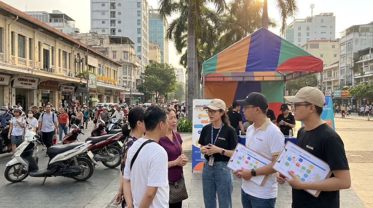Đội marketing và game ghi chú phản hồi tại một sự kiện ngoài trời ở TP HCM