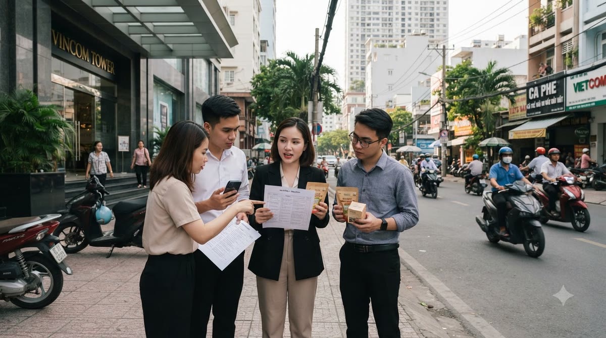 Nhóm marketer Việt đứng trước tòa nhà văn phòng, cầm danh sách quy trình và mẫu bao bì
