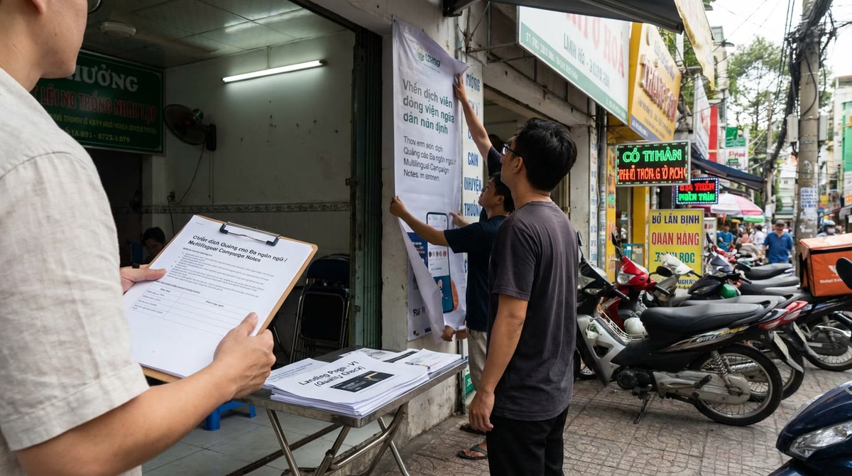 Cửa hàng ở Việt Nam được rà soát landing page và poster song ngữ ngoài phố