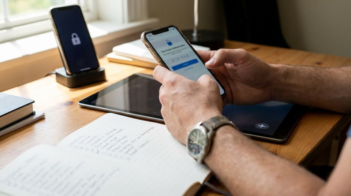 Cận cảnh thao tác khôi phục email với điện thoại khóa, sổ tay và xác thực hai lớp