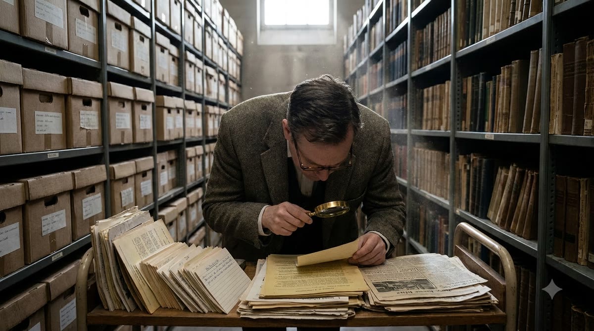 A reporter researching citations between rows of archive shelves