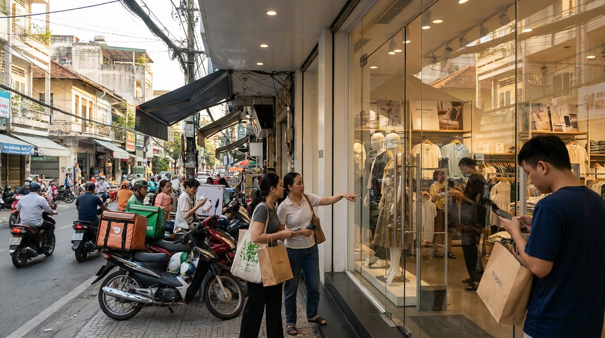 Phố mua sắm Sài Gòn với xe máy giao hàng và khách mang túi