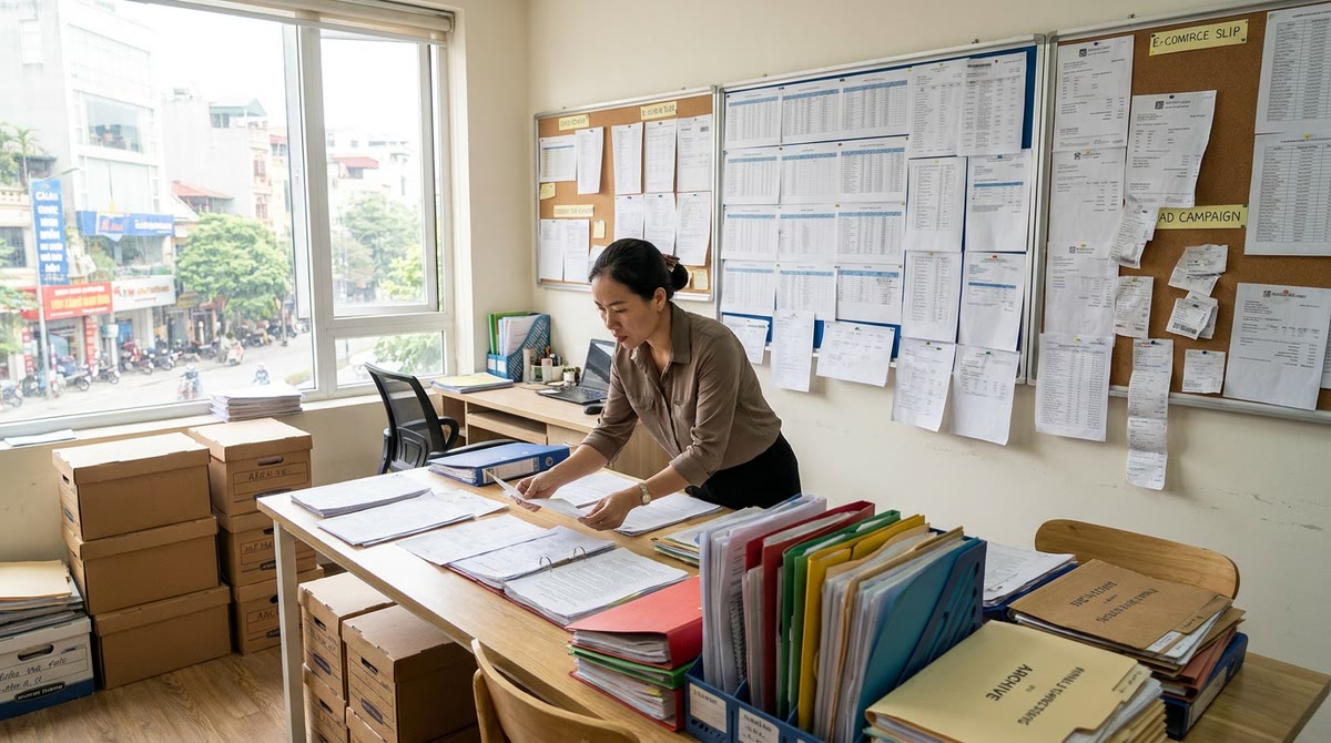 Phòng vận hành với bản in CRM, đơn hàng, biên lai quảng cáo và hộp lưu trữ hồ sơ nội bộ