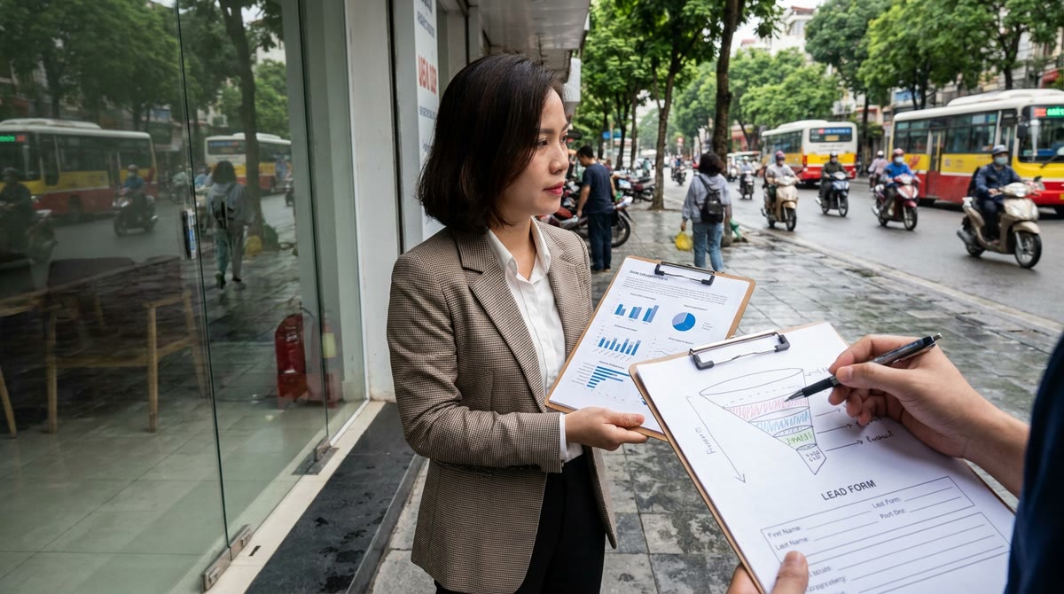 Người làm marketing ngoài phố đang rà soát báo cáo in và sơ đồ phễu trên clipboard