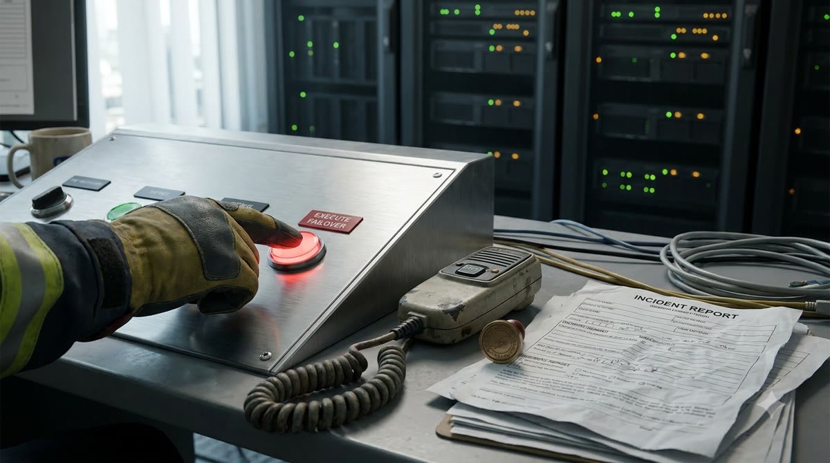 Data coordination desk with confirmation switches and network equipment in an operations center