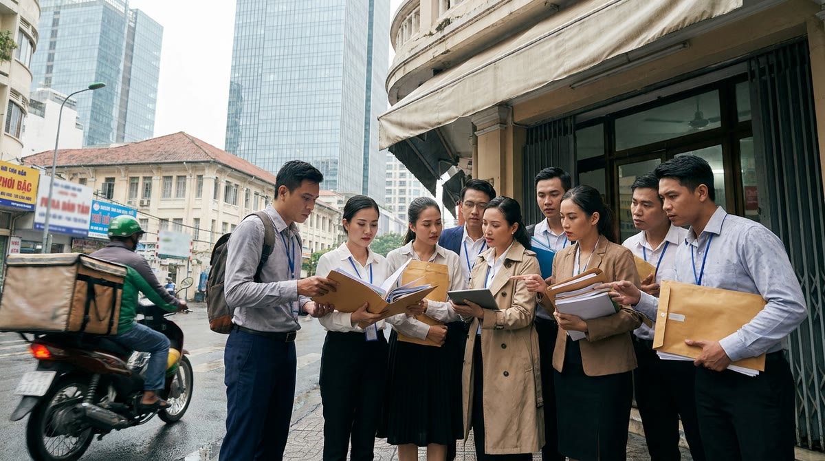 Nhóm marketer đứng dưới mái hiên phố Sài Gòn, cầm hồ sơ và phong bì