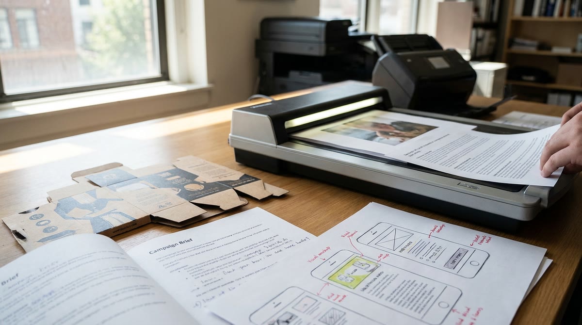 A worktable filled with product samples, printed briefs, and a document scanner in use