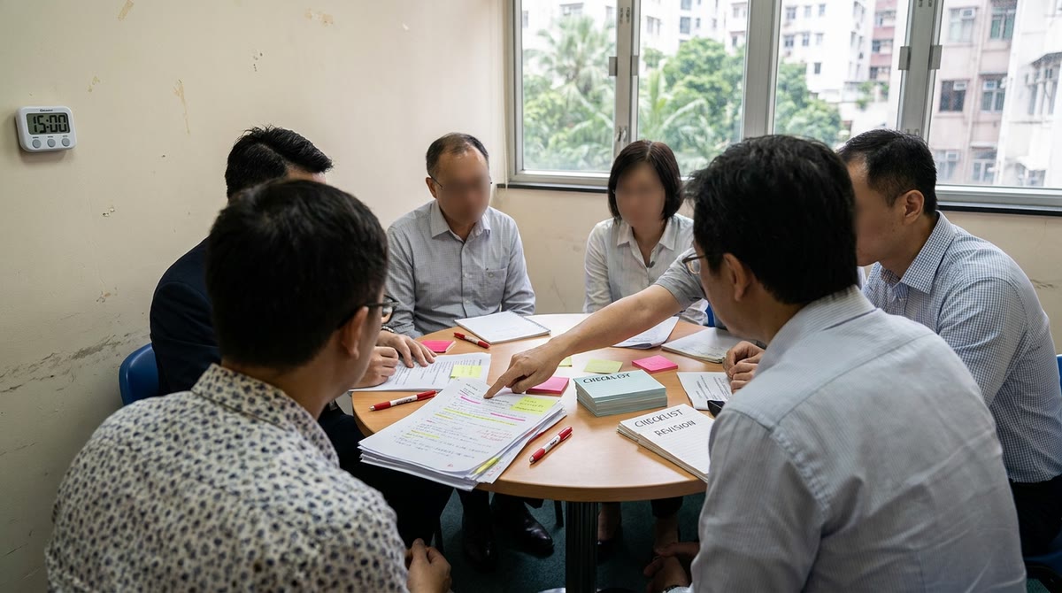 Một buổi workshop nhỏ với giấy ghi chú, checklist và người hướng dẫn đang rà soát prompt