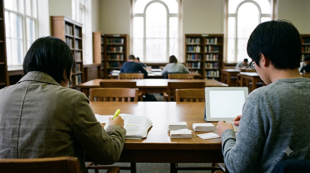 Two marketers reviewing printed documents and a handheld AI device in a library reading room