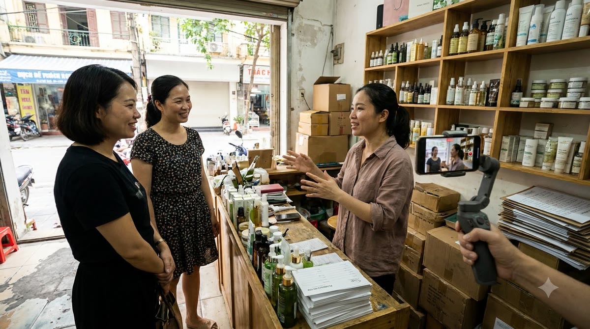Founder trò chuyện với nhóm khách bên quầy pop-up, máy quay cầm tay đang ghi hình