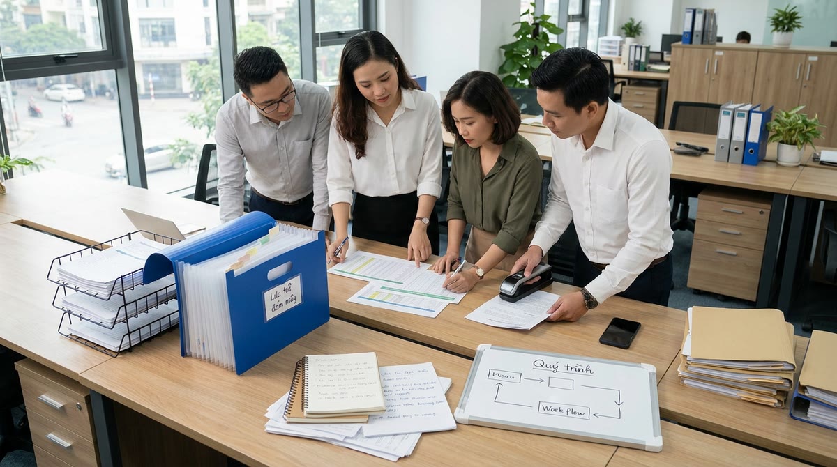 Nhân viên văn phòng Việt xem tài liệu in, thư mục đám mây và giấy nội bộ