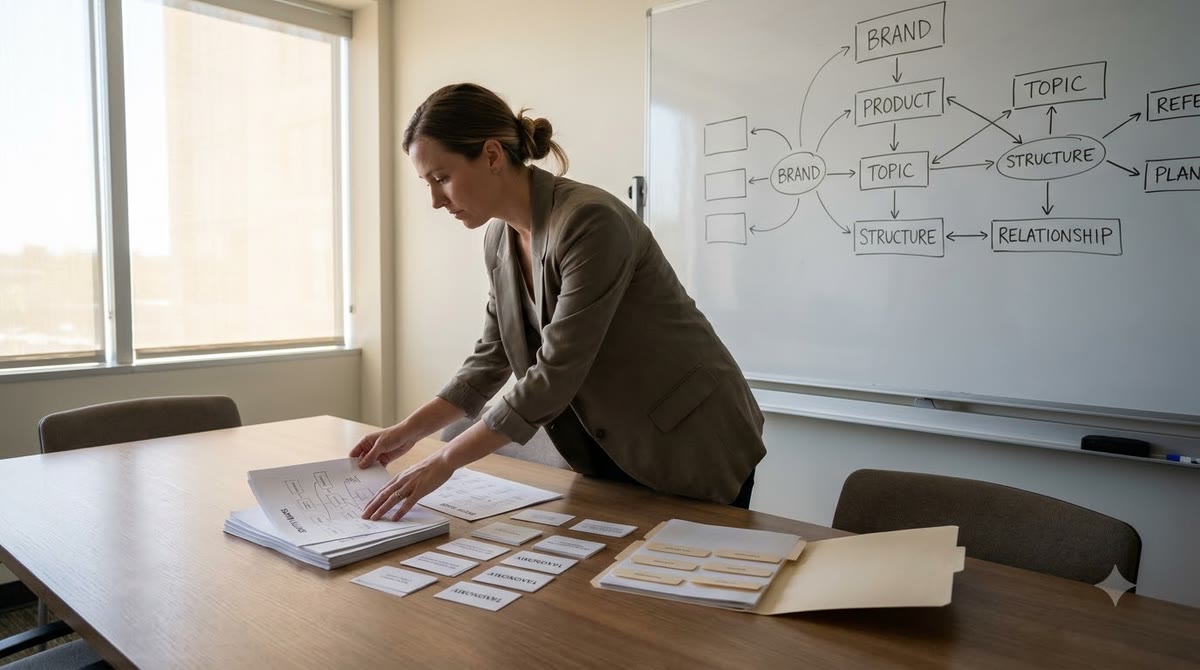 An analyst arranging entity cards and relationship diagrams in a strategy room