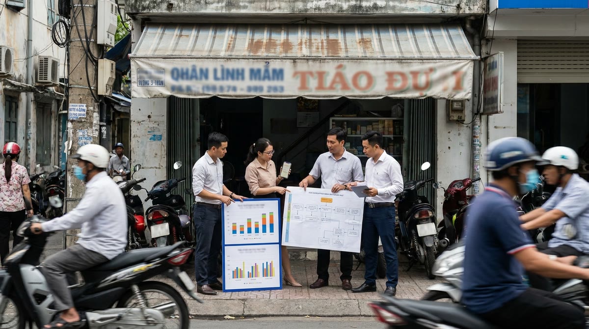 Nhóm marketing Việt Nam trao đổi bên cửa hàng nhỏ giữa phố, xe máy chạy ngang qua ngoài khung hình
