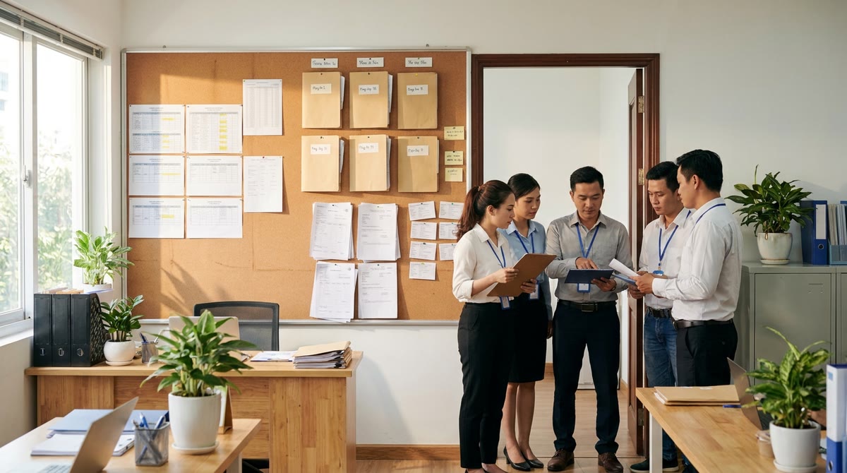 Nhân sự SME trao đổi giấy tờ, lịch làm việc và hồ sơ được chuẩn hóa