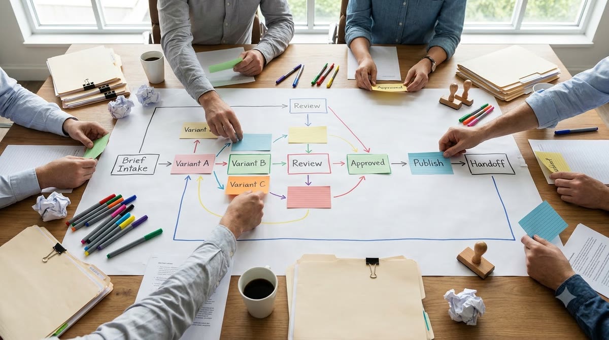 Marketing team arranging workflow diagrams, status cards, and approval marks on a meeting table
