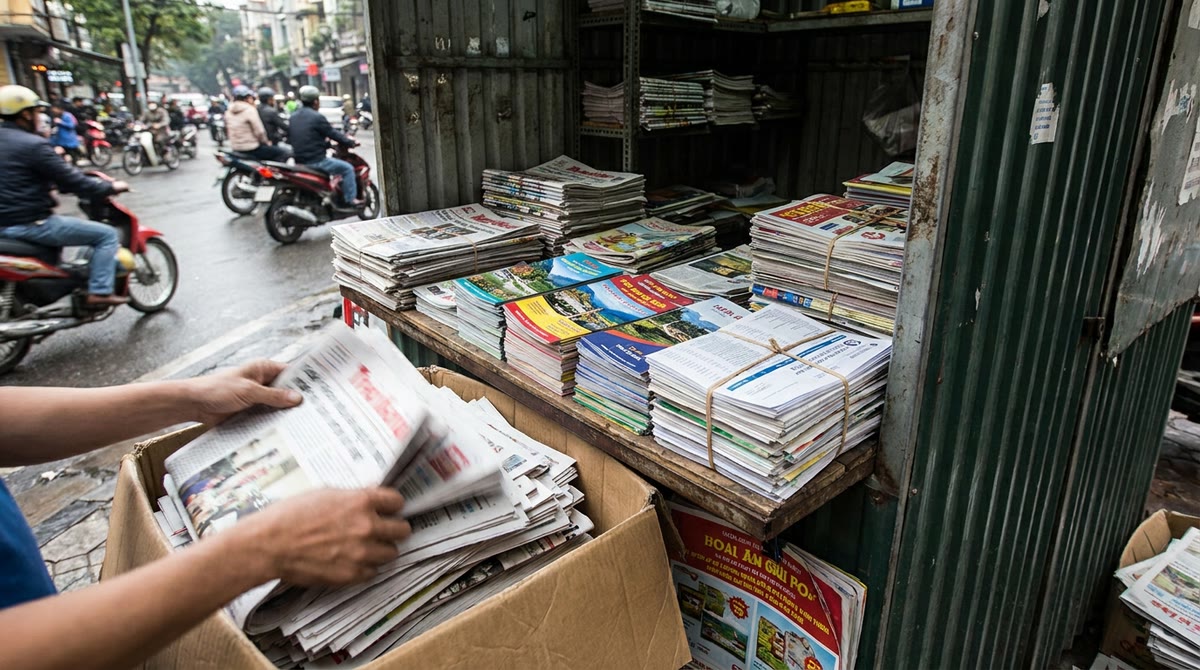 Quầy báo đô thị với nhiều ấn phẩm được phân loại trong không gian phố đông
