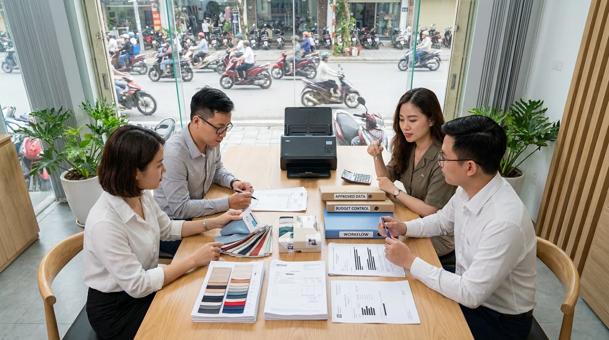 Nhóm mua hàng xem mẫu đầu ra, hồ sơ và hợp đồng trong phòng họp tại Việt Nam