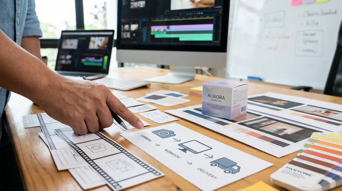 Bản chụp cận cảnh quy trình duyệt nhiều bước với ảnh sản phẩm, storyboard và các mốc kiểm tra
