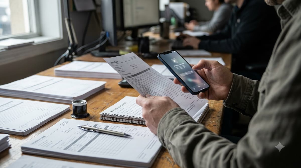Nhân viên kiểm tra bản in và bảng checklist cạnh điện thoại trong phòng vận hành