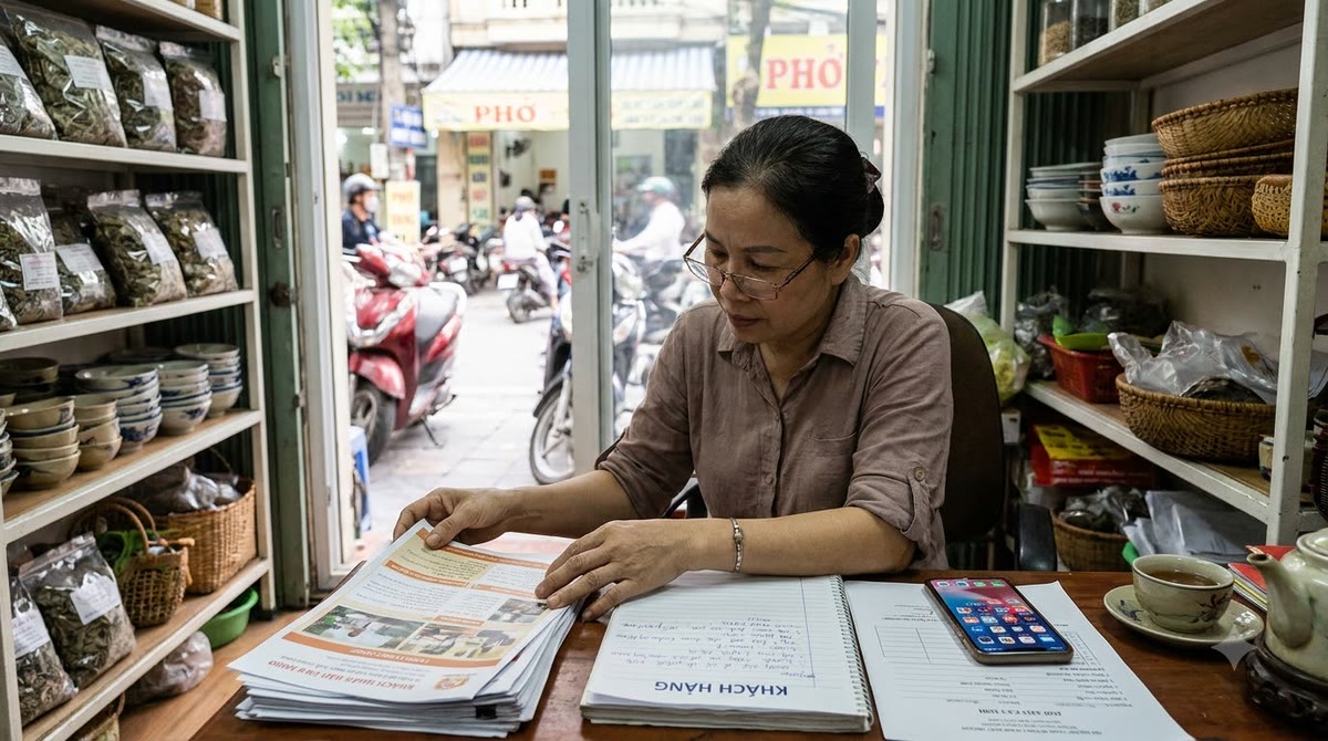 A Vietnamese shop owner reviewing customer papers and social media messages