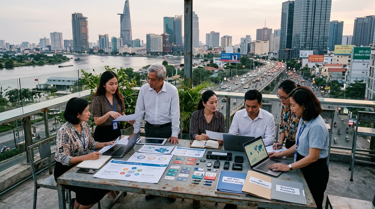Nhóm marketing bàn kế hoạch trên sân thượng giữa trung tâm thành phố