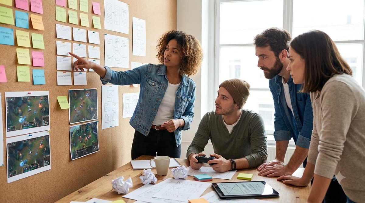 Nhóm người xem storyboard giấy và sửa prototype game bằng tay
