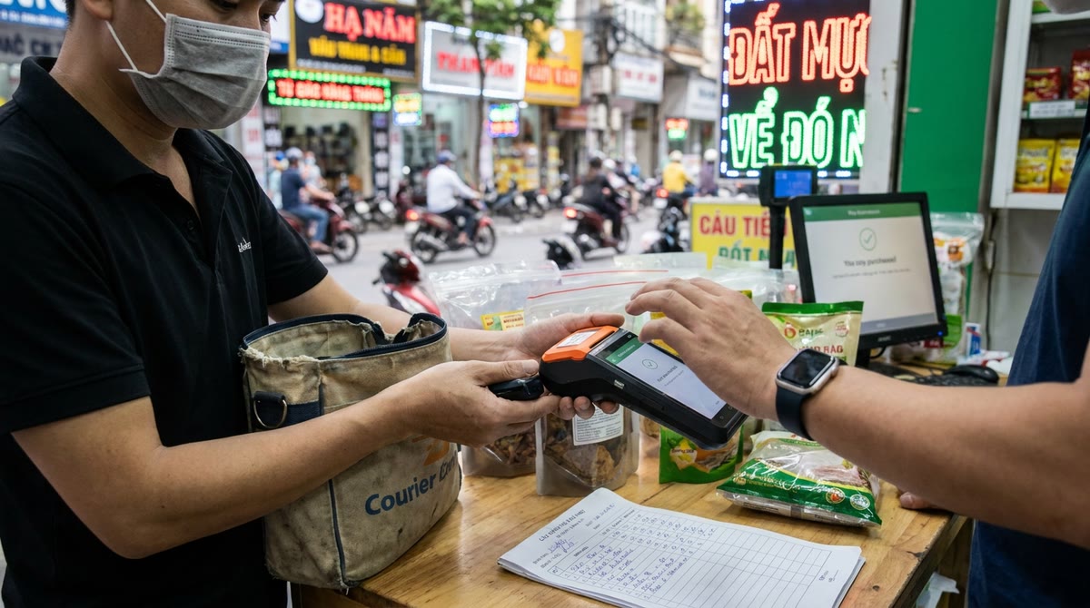 Cửa hàng Việt Nam với hàng hóa, máy thanh toán và người mua chờ xác nhận