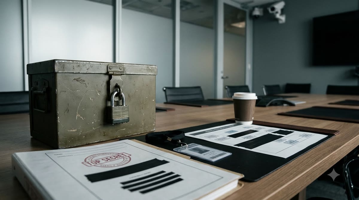 Secure meeting table with red files, access badges, and a partially obscured process diagram
