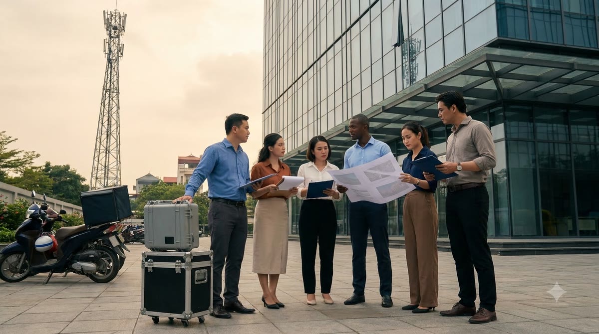 Nhóm marketing đứng ngoài tòa nhà văn phòng, cầm bản in và trao đổi về hạ tầng phục vụ