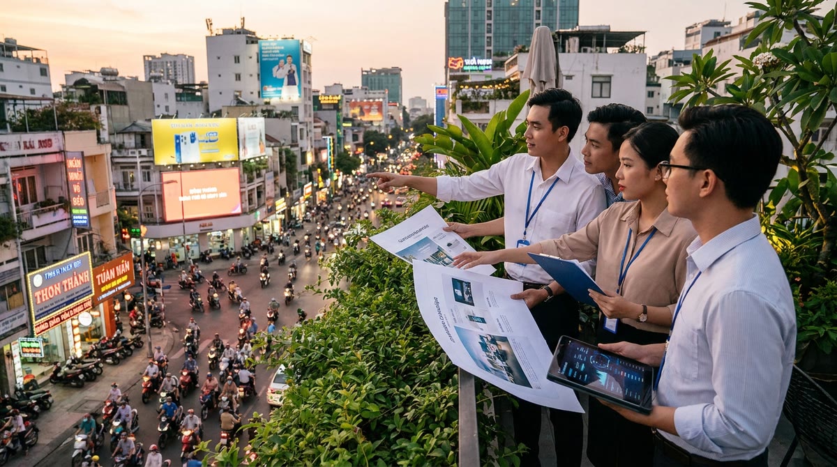 Đội marketing trên sân thượng nhìn xuống phố đông xe ở Sài Gòn