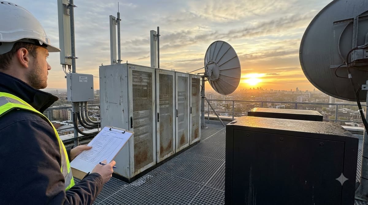 Field engineer checking a server rack, antennas, and backup power on a rooftop