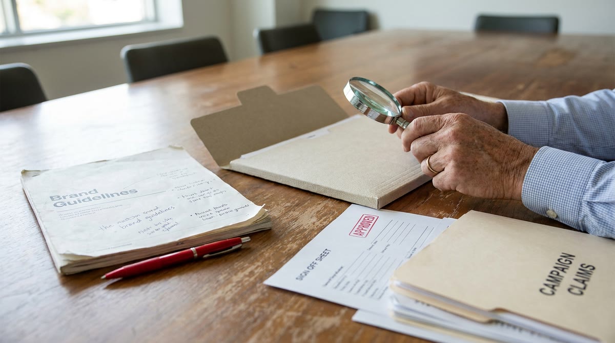 Bộ hồ sơ duyệt nội dung đặt cạnh bút đỏ và checklist