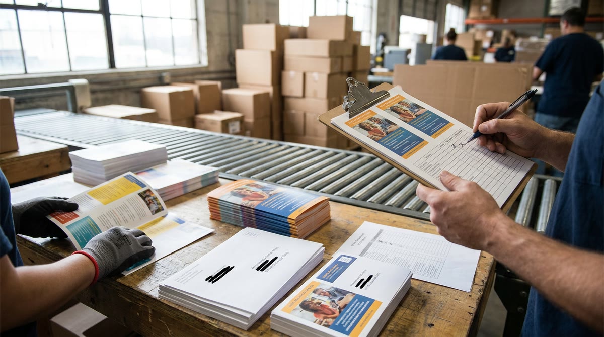 Nhân viên kiểm tra hàng loạt bản in và mailer trên dây chuyền đóng gói